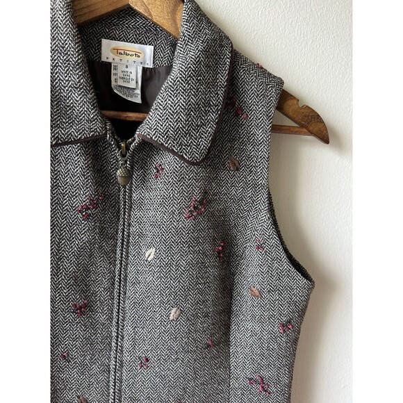 Talbots Vest Petite Small Zip Up Wool Blend Herringbone Leaves Acorn Preppy - Picture 2 of 11